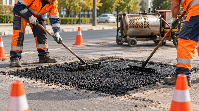 Работники распределяют смесь на участке восстановления